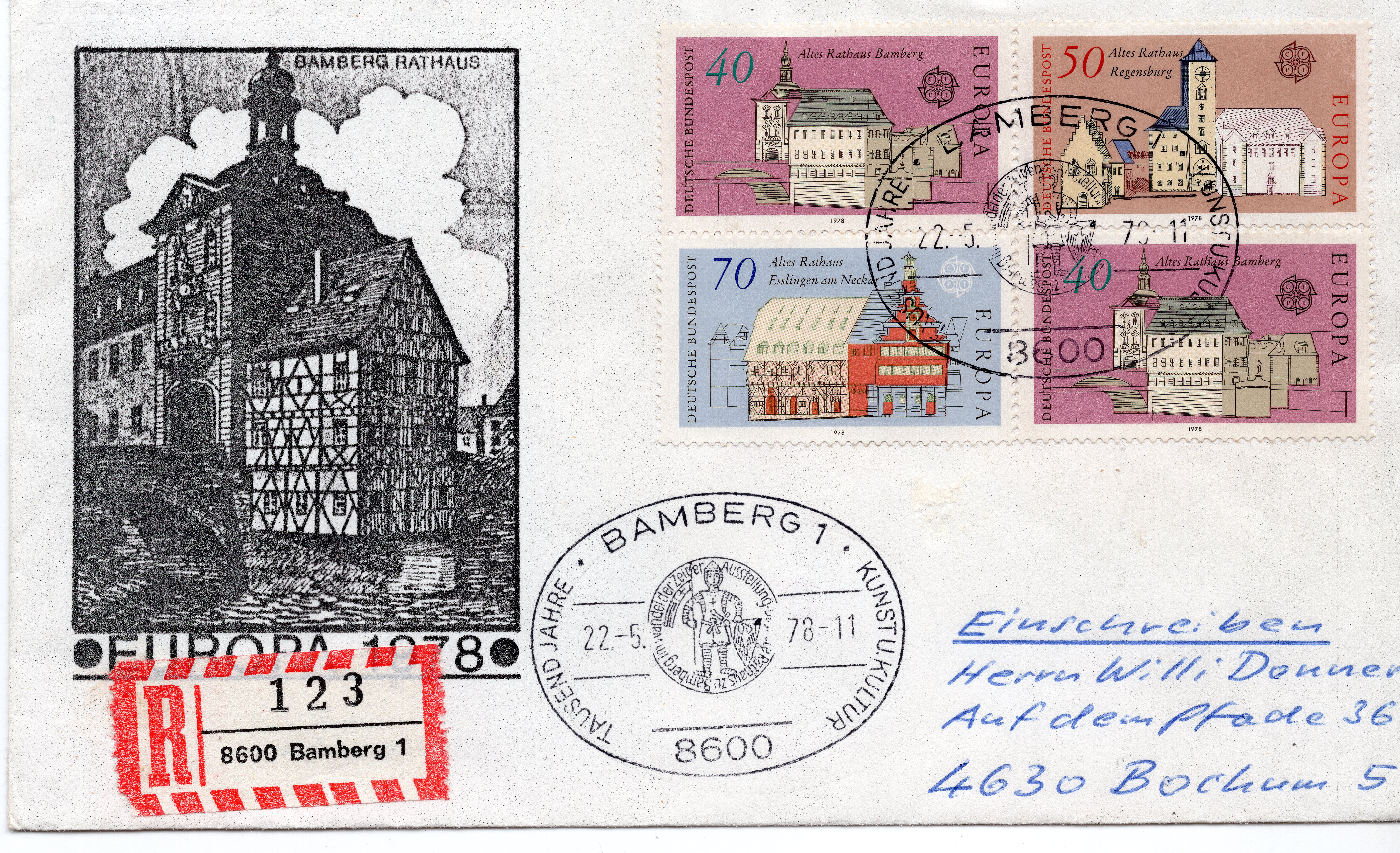 Sellos: ALEMANIA FEDERAL 1978 CARTA FDC MICHEL DE 969-971