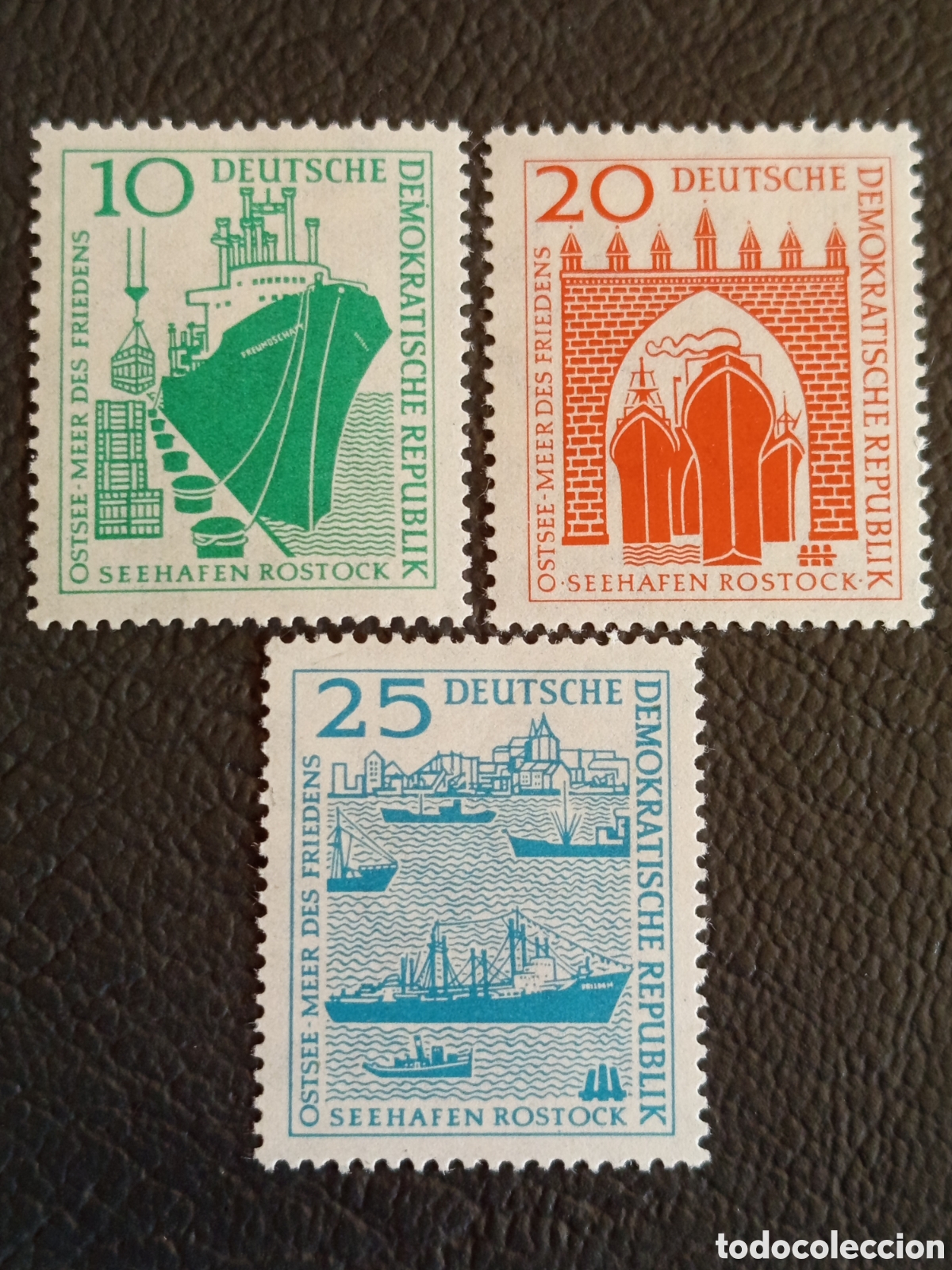 Sellos: DDR 1958 Seehafen Rostock Puerto Serie 3 Valores Barcos MH Michel 663-664
