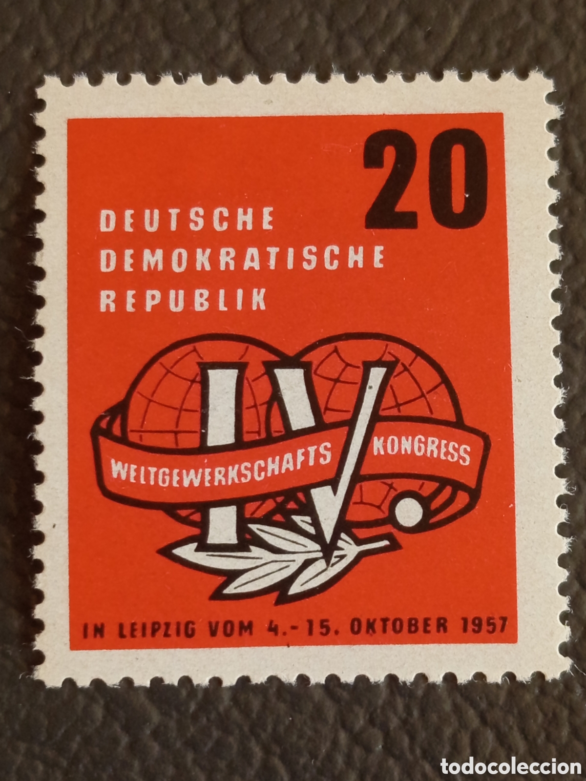 Stamps: DDR 1957 Congreso Mundial Sindicatos Leipzig 20 Pf Rojo MH Michel 594