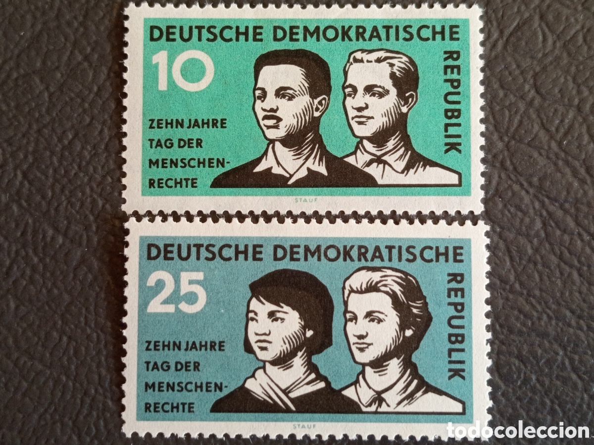 Sellos: DDR 1958 10 A&ntilde;os D&iacute;a Derechos Humanos 10+25 Pf Verde MH Michel 675-676