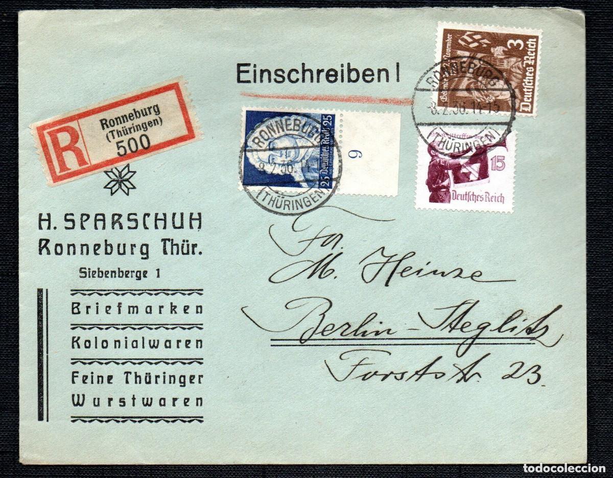 Sellos: ALEMANIA TERCER REICH. 1936. SOBRE CERTIFICADO. RONNEBURG. Mi 575, 585Y, 598X