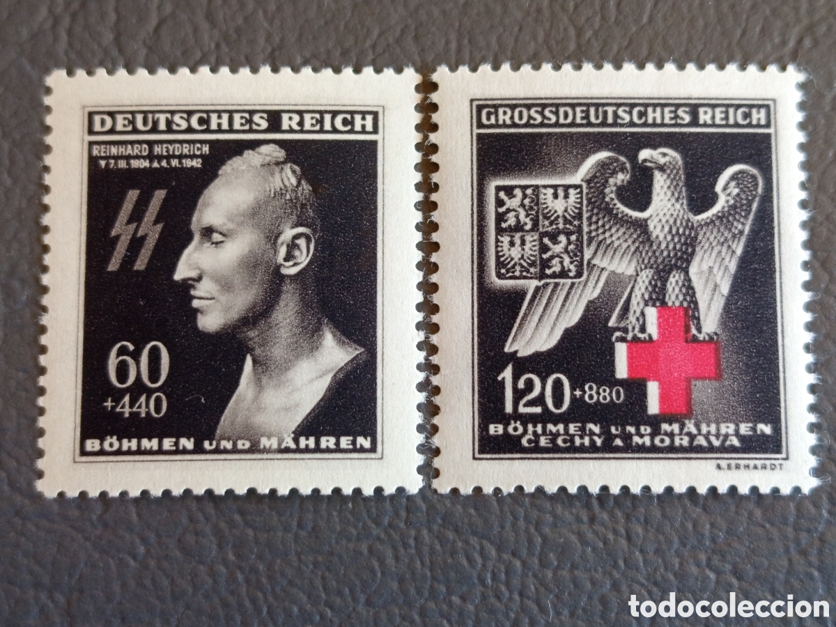 Sellos: Bohemia Moravia 1943 Heydrich 60+440h & Cruz Roja 120+880h Scott B20 B23 MNH