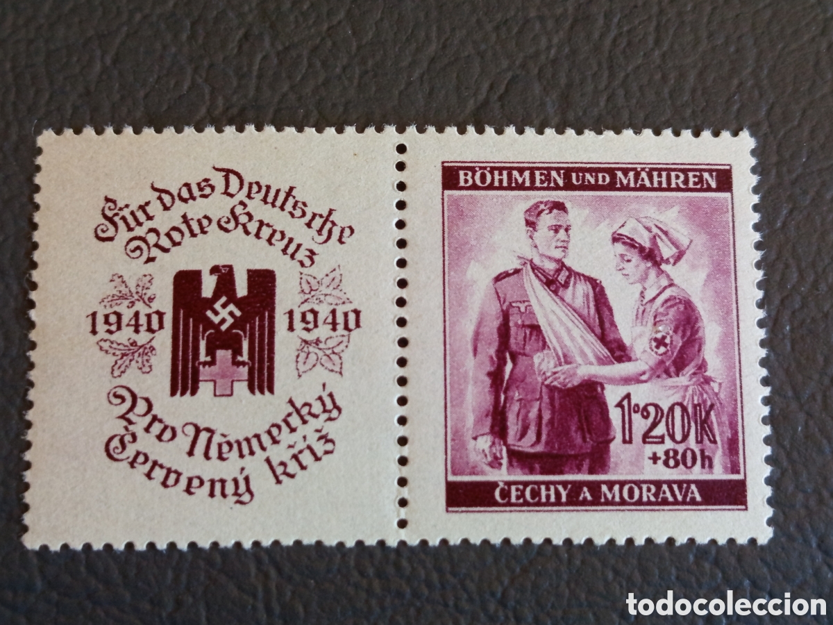 Sellos: Bohemia Moravia 1940 Cruz Roja 1.20K+80h Se-Tenant Vi&ntilde;eta Scott B5 Mi 57 MNH