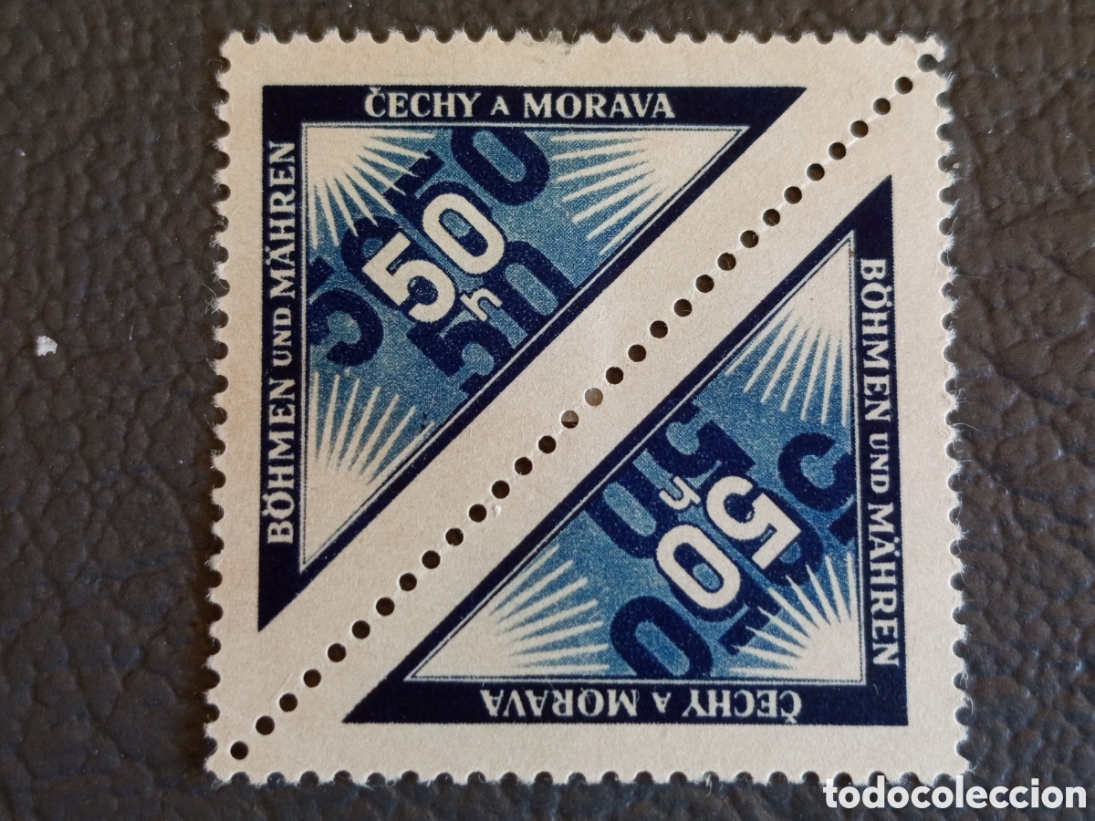Selos: Bohemia Moravia 1941 50h Azul Tri&aacute;ngulo Par T&ecirc;te-B&ecirc;che Scott EY2 Mi ZW MH