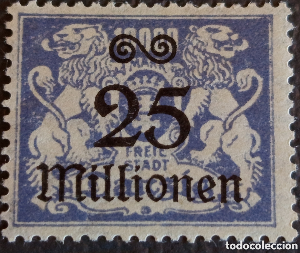 Sellos: Danzig 1923 25 Millionen Mark Azul Hiperinflaci&oacute;n Escudo Scott 145 Mi 188 MH