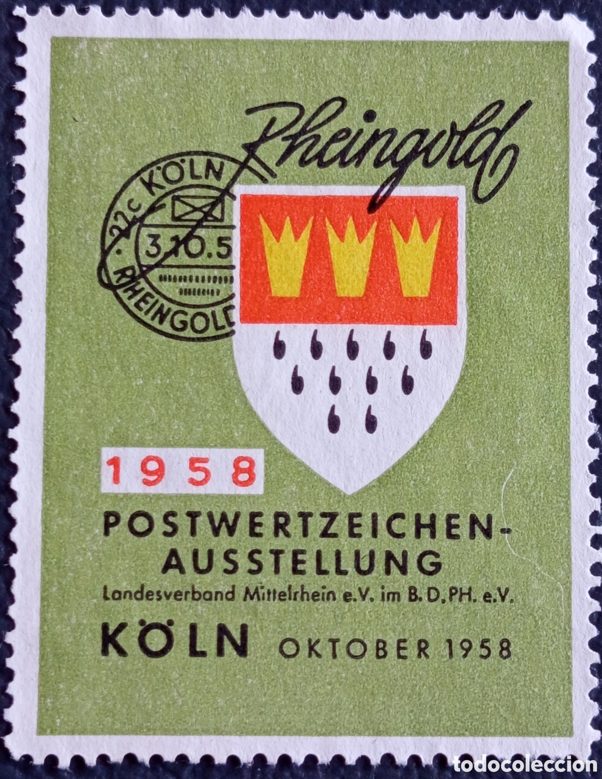Selos: Alemania 1958 Vi&ntilde;eta Exposici&oacute;n Sellos K&ouml;ln Rheingold Escudo Colonia MH
