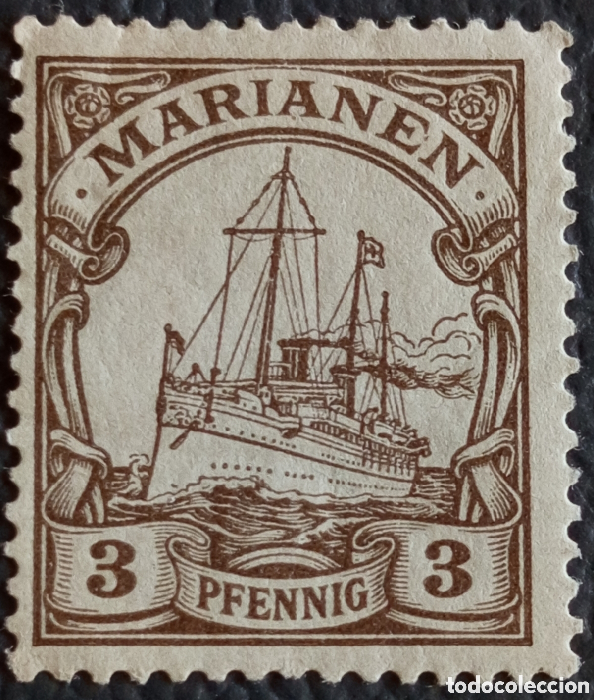 Sellos: Marianas Alemanas 1901 Yate Imperial Hohenzollern 3 Pfennig Marr&oacute;n MH