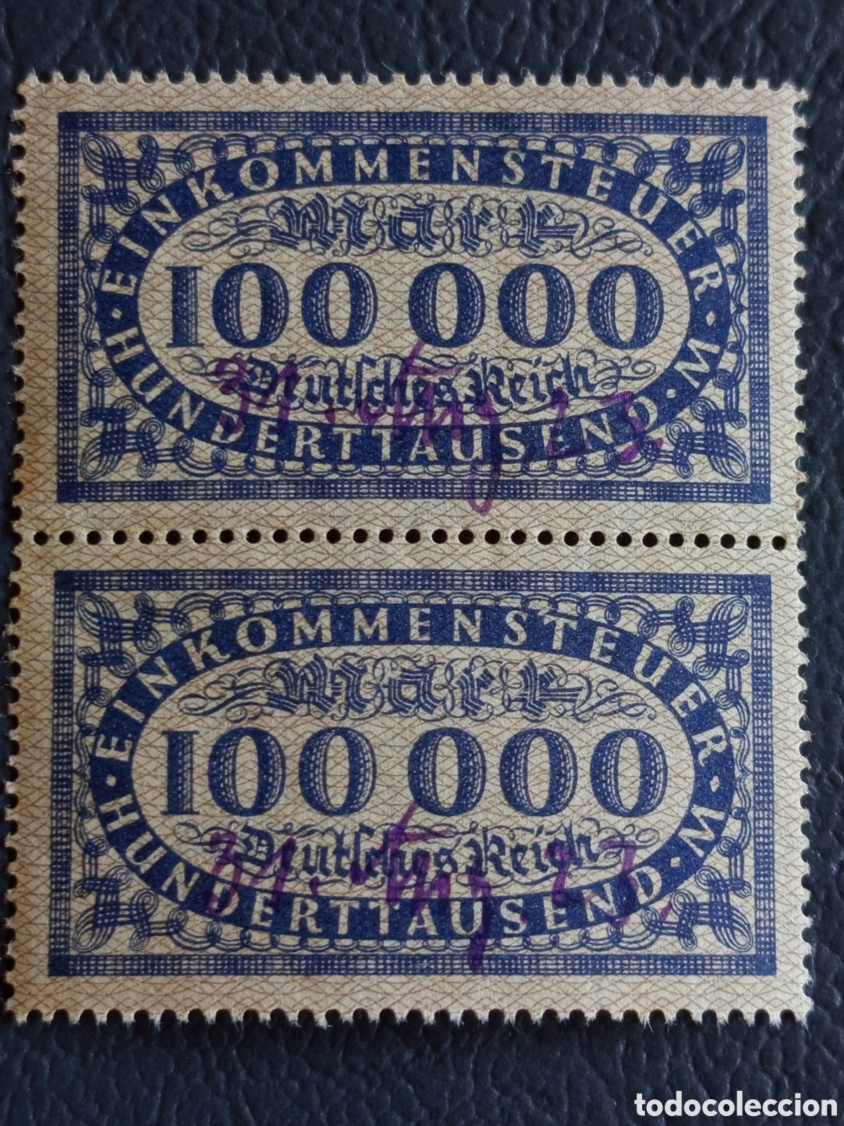 Briefmarken: Alemania 1923 Pareja Sellos Fiscales Einkommensteuer 100.000m Usados