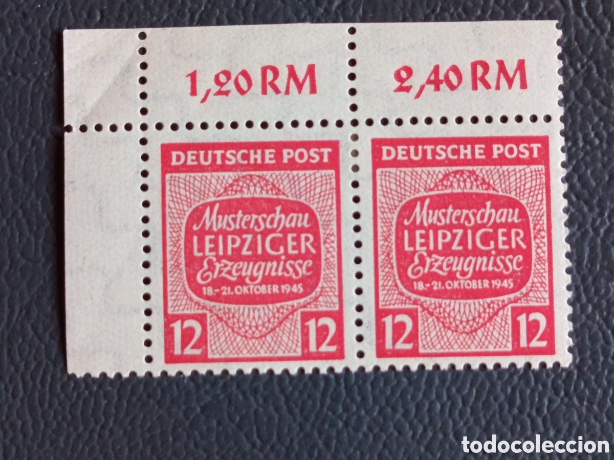 Sellos: Pareja Sellos Alemania 1945 Feria Leipzig 12pf Margen Superior Hoja Mi#130 MH