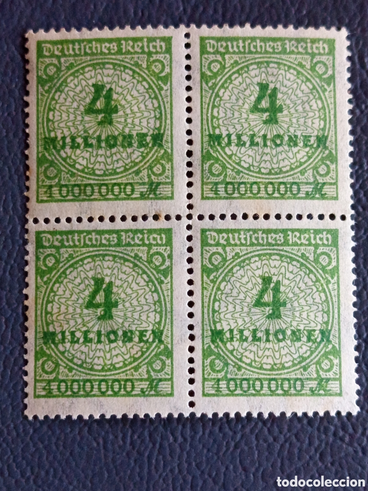 Francobolli: Bloque 4 Sellos Alemania 1923 Hiperinflacion 4 Millionen Marcos Verde Mi#324 MNH
