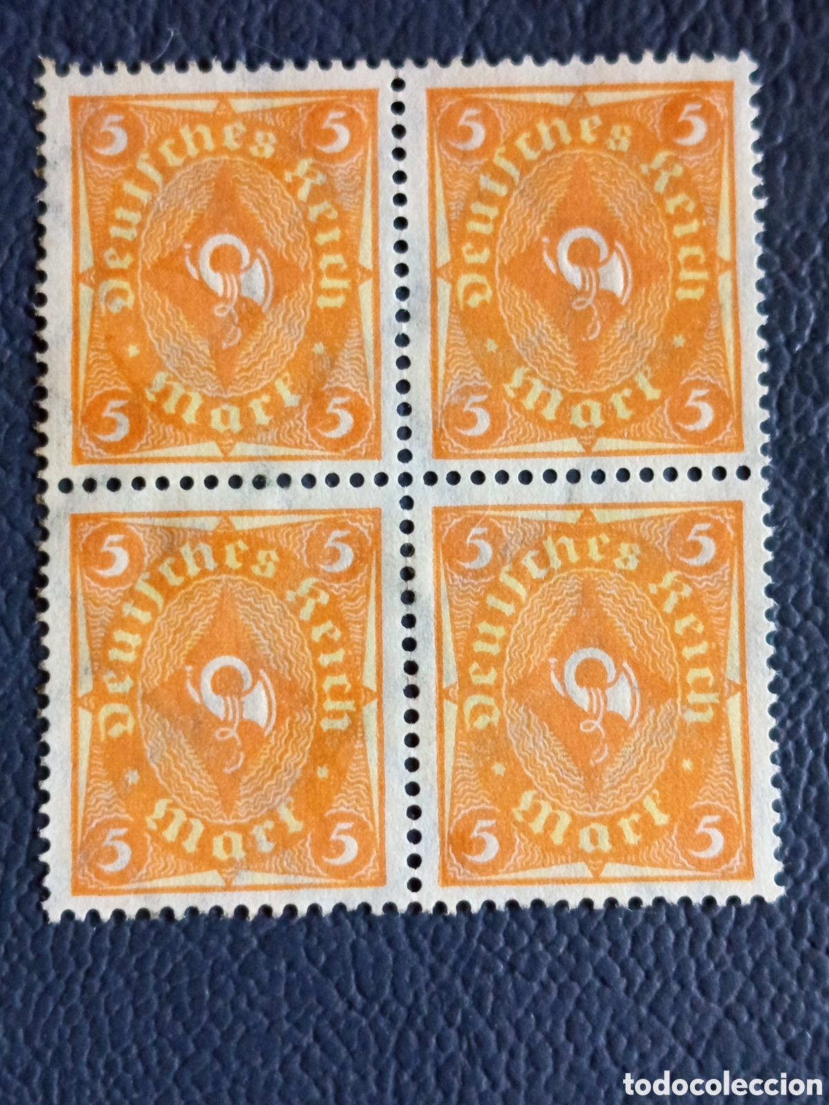 Selos: Bloque 4 Sellos Alemania 1922 Inflacion Cuerno de Posta 5 Mark Naranja Mi#228 MH