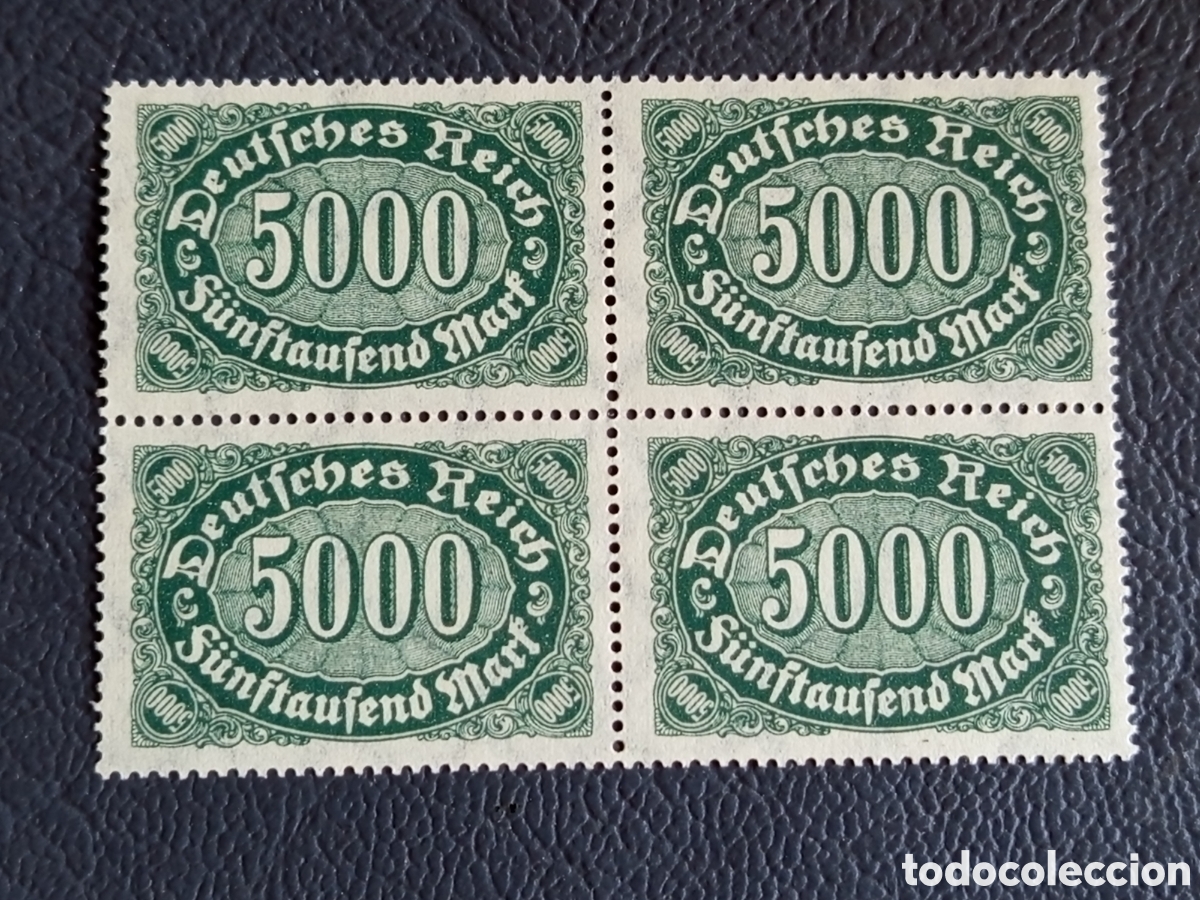 Sellos: Bloque 4 Sellos Alemania 1922 Inflacion 5000 Mark F&uuml;nf tausend Verde Mi#224 MNH