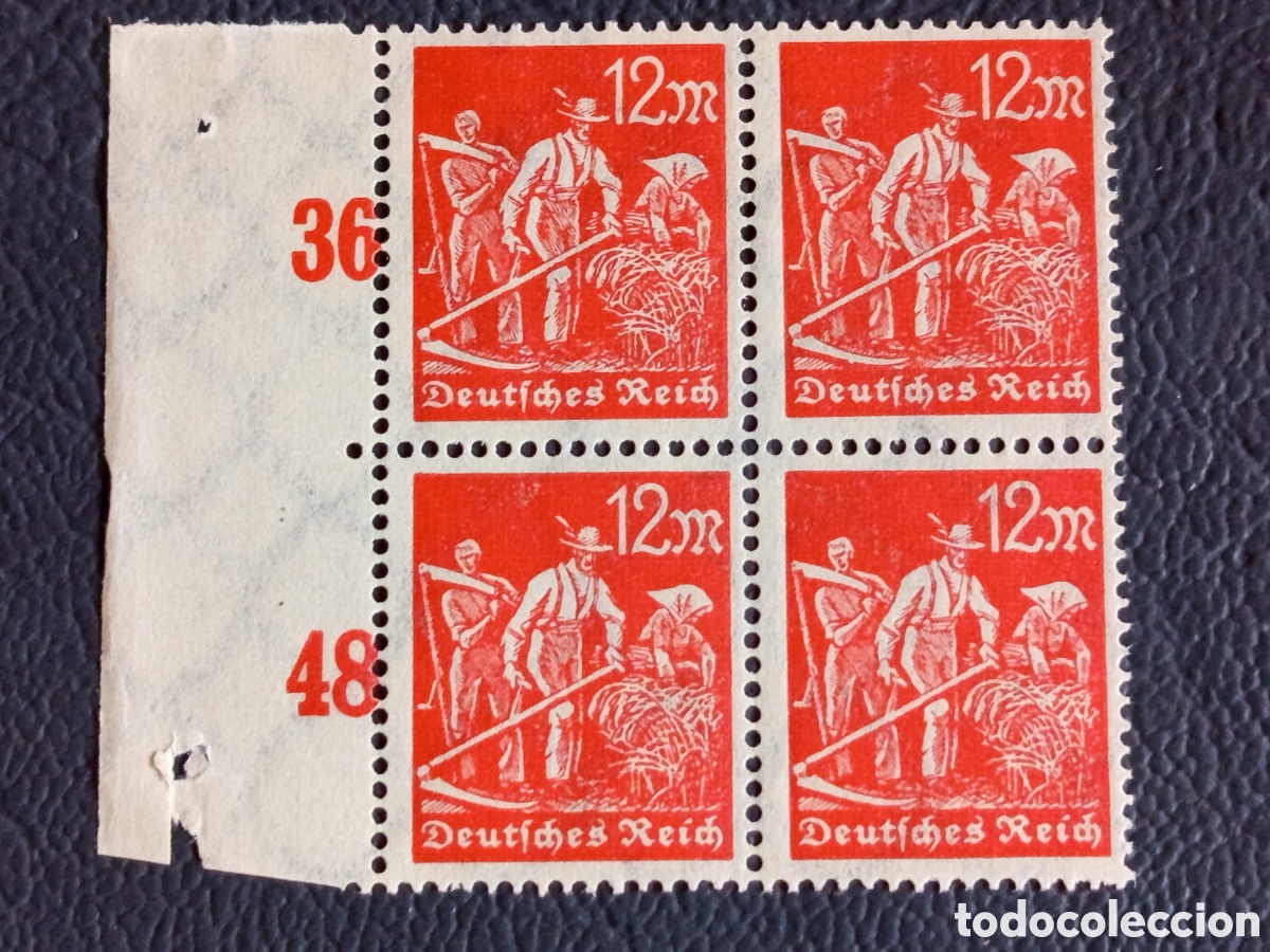 Stamps: Bloque 4 Sellos Alemania 1922 Segadores 12m Rojo Margen Numerado Mi#201 MNH