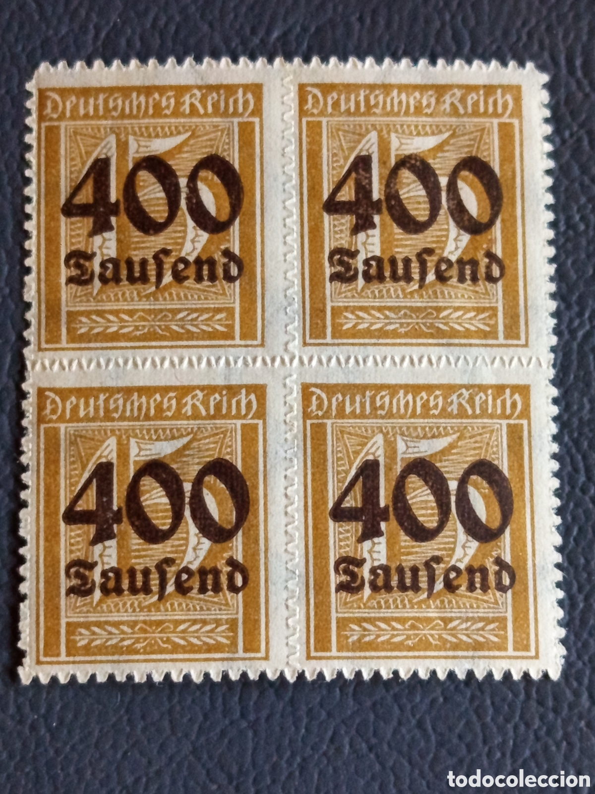 Sellos: Bloque 4 Sellos Alemania 1923 Hiperinflacion 400 Tausend sobre 15pf Ocre MNH