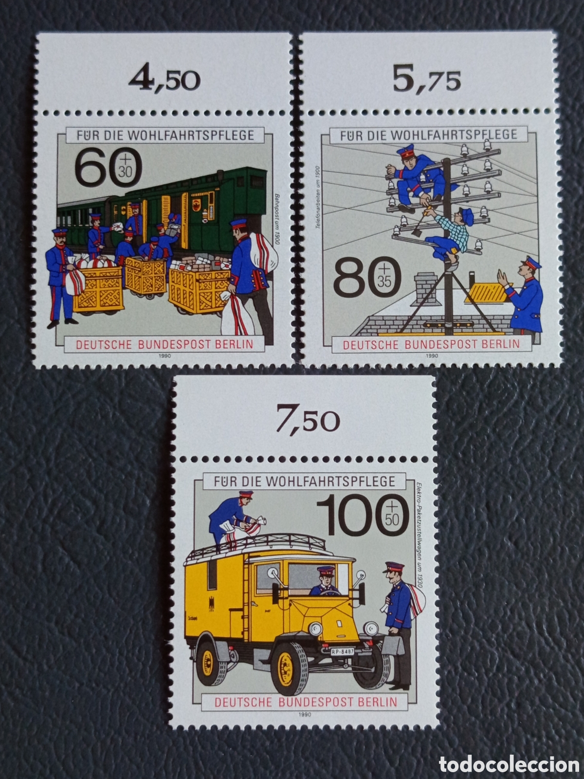 Sellos: Berl&iacute;n 1990 Beneficencia Historia Postal Set 3 Borde Hoja Michel 863/65 MNH