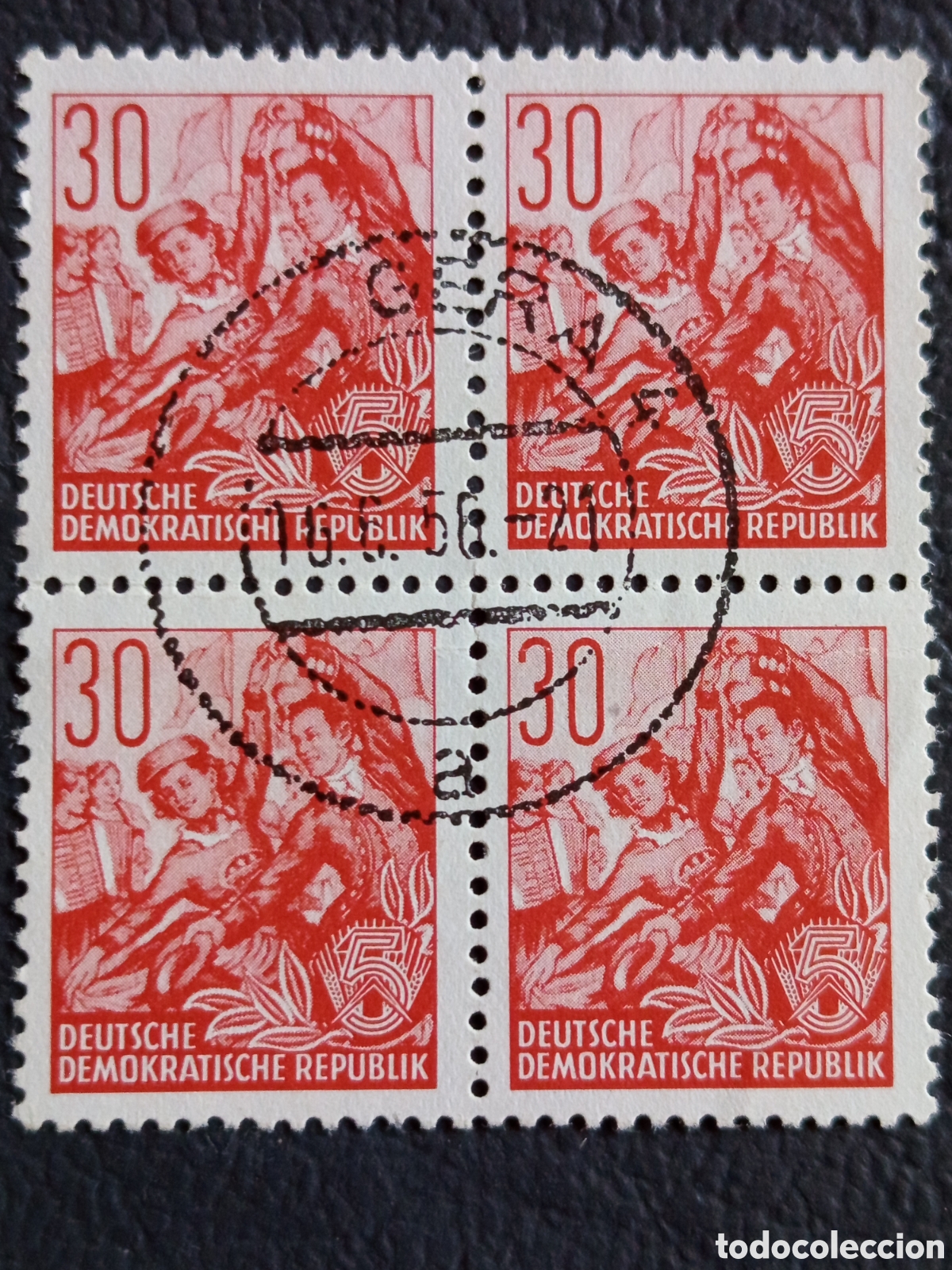 Sellos: Bloque 4 Sellos Alemania Oriental DDR 1955 Plan Quinquenal Usado | Cat. Mi# 454