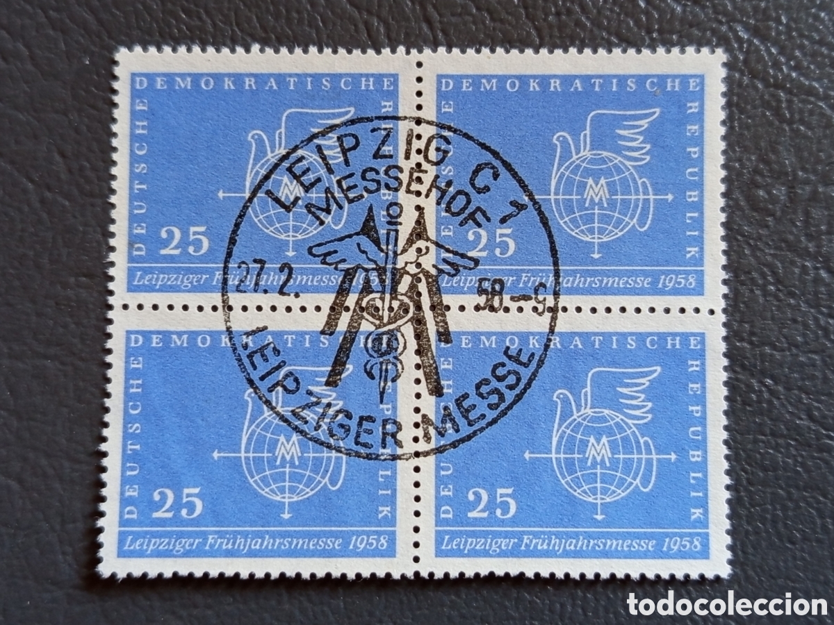 Sellos: Bloque 4 Sellos Alemania Oriental DDR 1958 Feria Leipzig 25 Pf Usado | Cat. Mi# 622