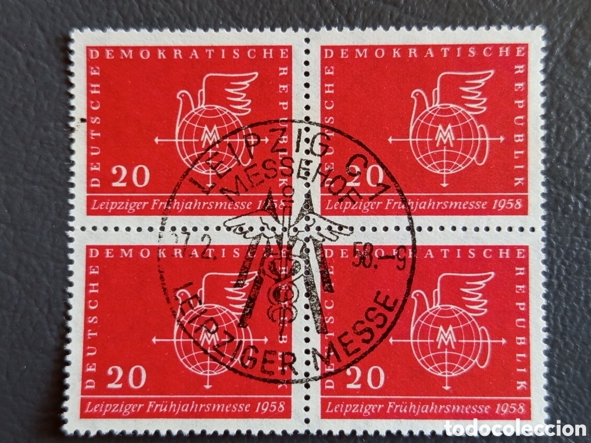 Sellos: Bloque 4 Sellos Alemania Oriental DDR 1958 Feria Leipzig 20 Pf Usado | Cat. Mi# 621