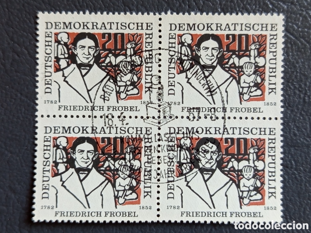 Sellos: Bloque 4 Sellos Alemania Oriental DDR 1952 Friedrich Fr&ouml;bel Usado | Cat. Mi# 303