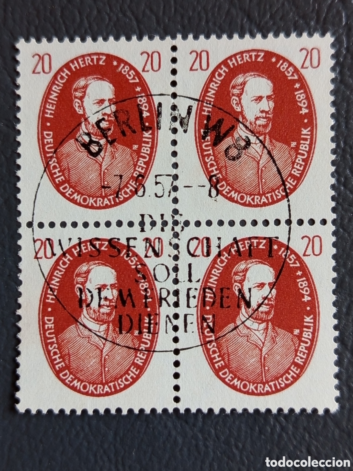 Sellos: Bloque 4 Sellos Alemania Oriental DDR 1957 Heinrich Hertz Usado | Cat. Mi# 594