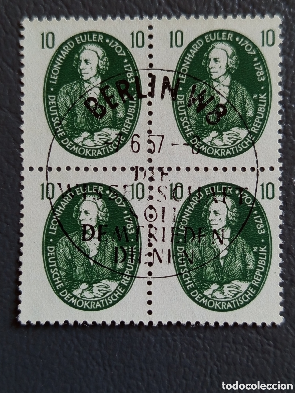 Sellos: Bloque 4 Sellos Alemania Oriental DDR 1957 Leonhard Euler Usado | Cat. Mi# 593