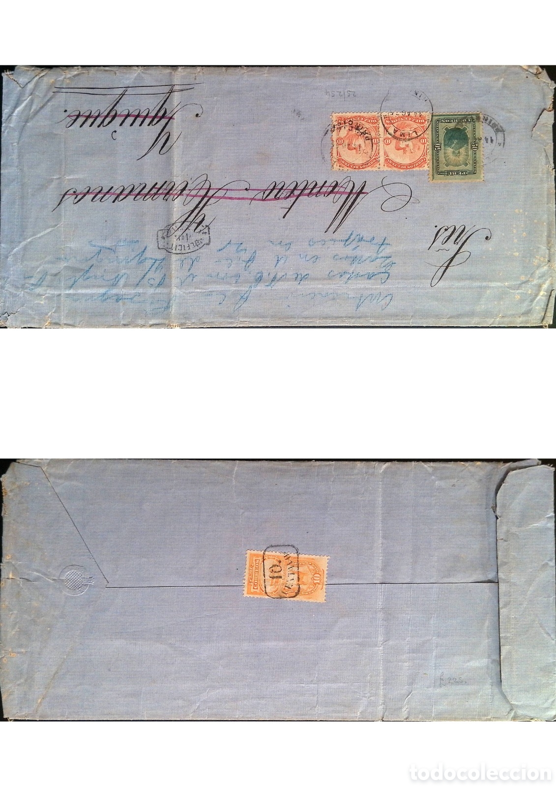 Sellos: CA)Germany circa 1890 &ndash; Postal History &ndash; Blue envelope addressed to Andreas Zimmermann with mixed fr