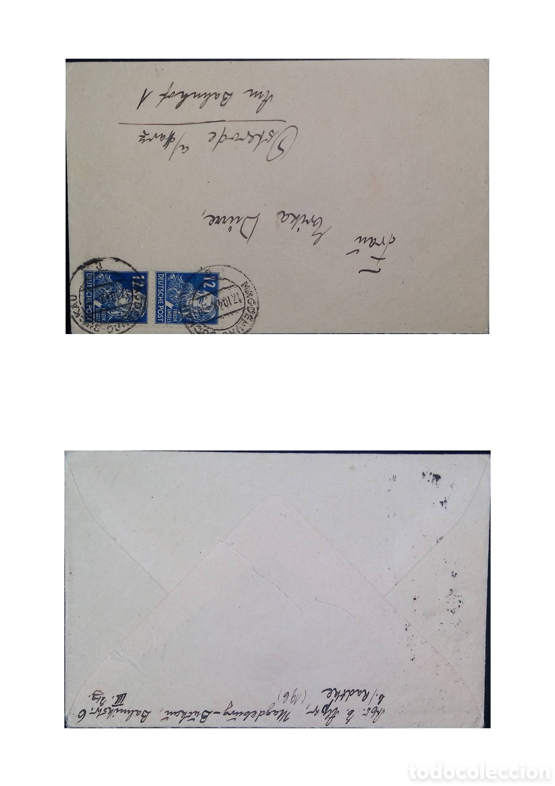 Sellos: CA)Germany &middot; 1946 &middot; Deutsche Post Postal History &middot; Post‑war envelope franked with two 12‑pfennig blu