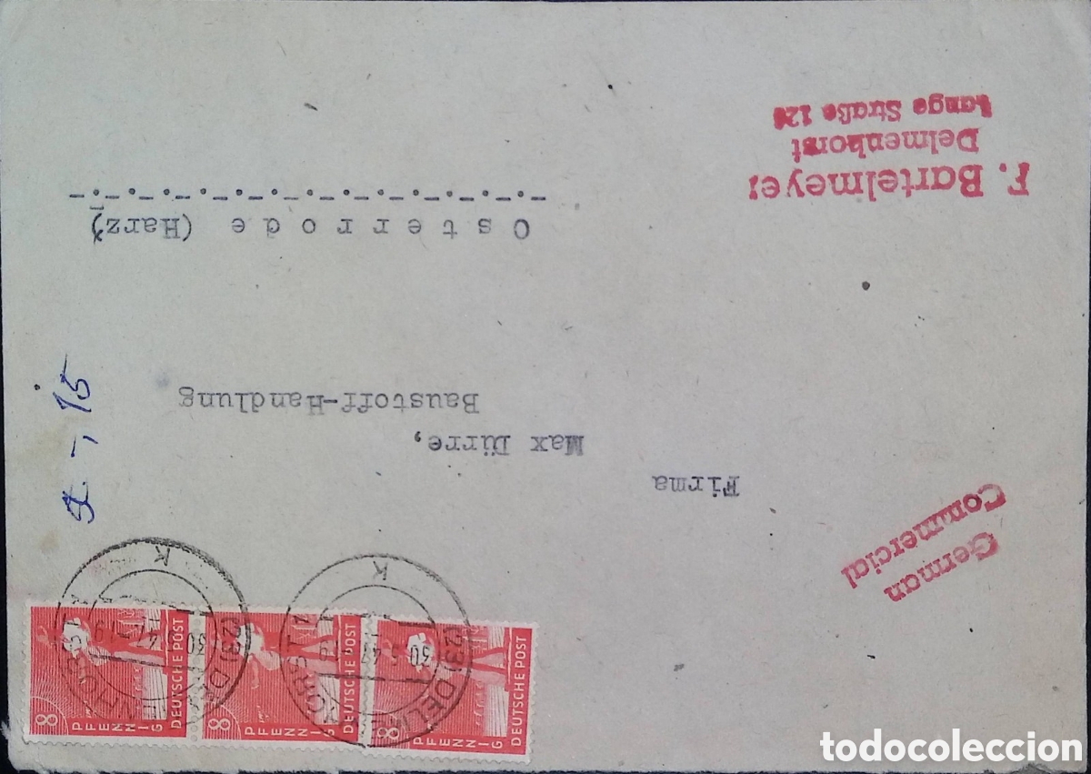 Sellos: CA)Germany &middot; 1948 &middot; Deutsche Post Postal History &middot; Business envelope franked with two 8‑pfennig red