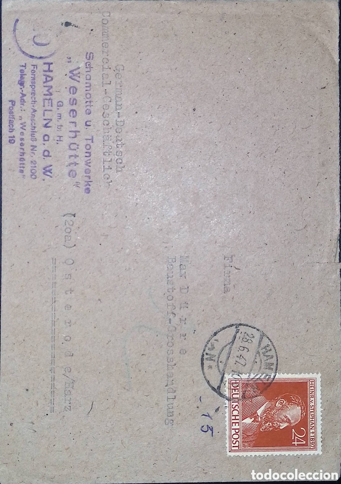 Sellos: CA)Germany &middot; 1947 &middot; Heinrich von Stephan Commemoration &middot; Commercial postcard franked with 24‑pfennig