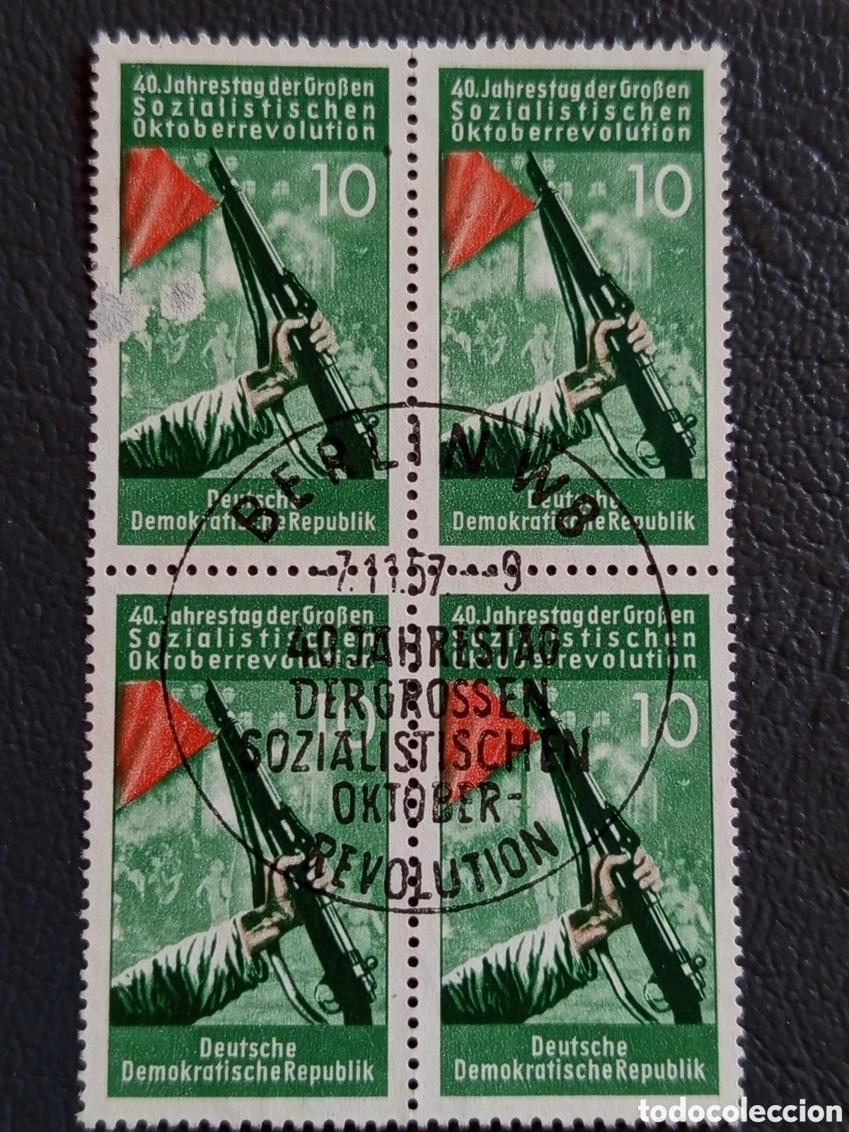 Sellos: Bloque 4 Sellos Alemania Oriental DDR 1957 Rev. Octubre 10 Pf Usado | Cat. Mi# 603