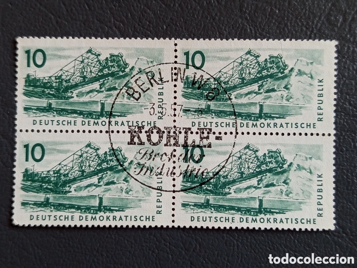 Sellos: Bloque 4 Sellos Alemania Oriental DDR 1957 Miner&iacute;a Carb&oacute;n 10 Pf Usado | Cat. Mi# 564
