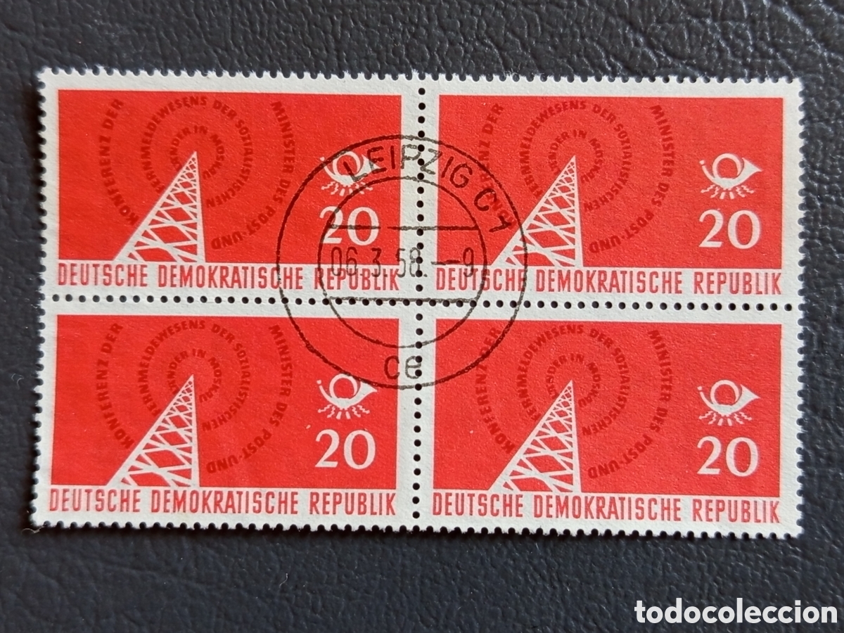 Sellos: Bloque 4 Sellos Alemania Oriental DDR 1958 Telecomunicaciones Usado | Cat. Mi# 612