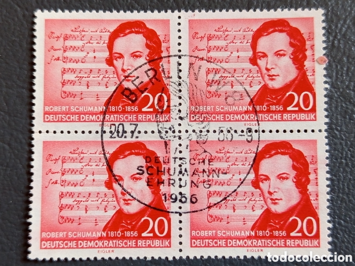 Sellos: Bloque 4 Sellos Alemania Oriental DDR 1956 Robert Schumann Usado | Cat. Mi# 530
