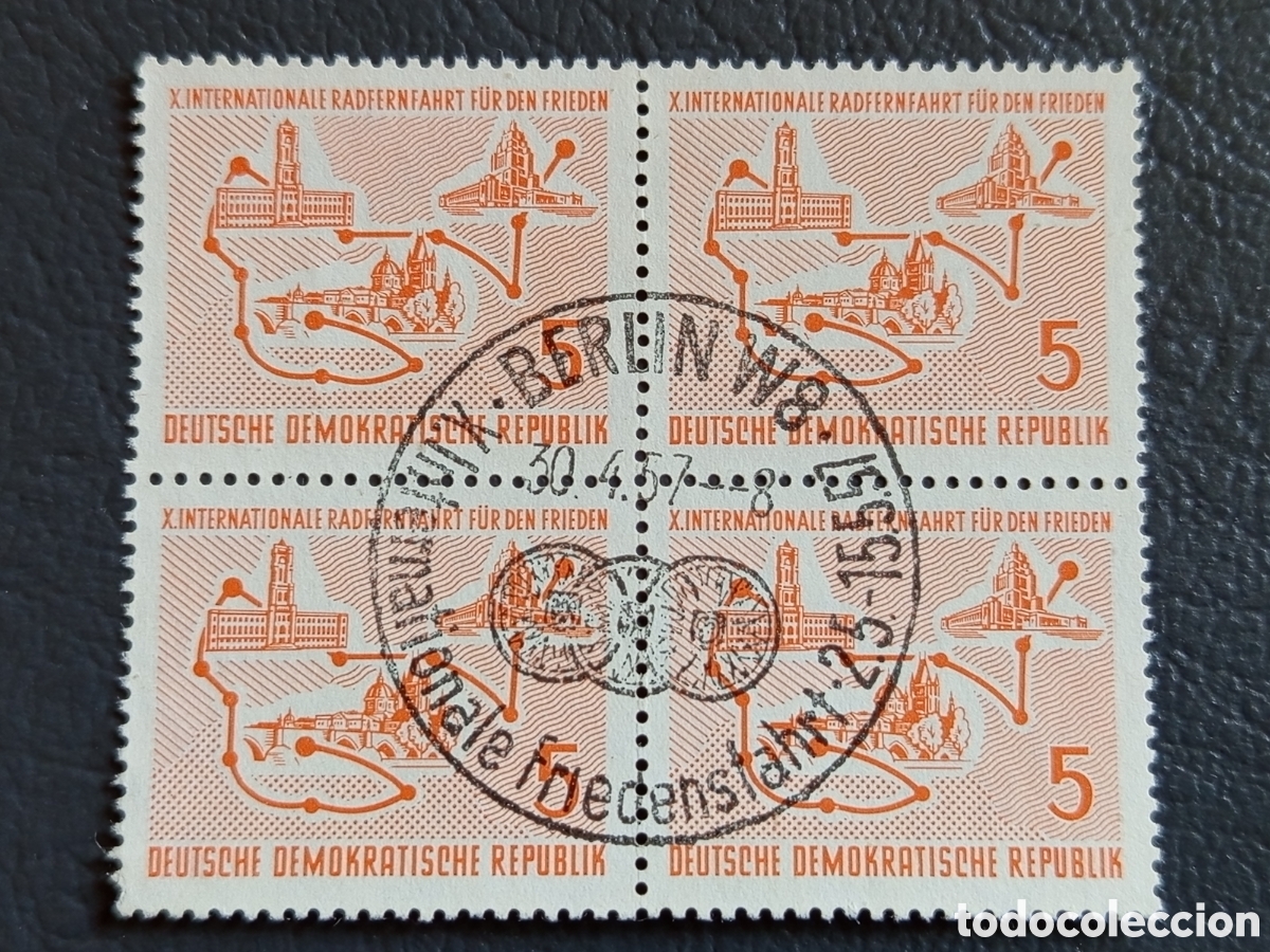 Sellos: Bloque 4 Sellos Alemania Oriental DDR 1957 Carrera de la Paz 5 Pf | Cat. Mi# 561