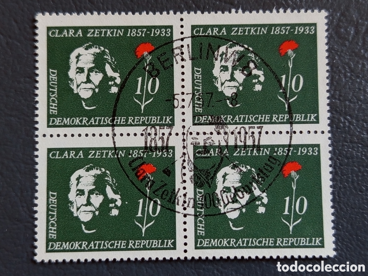 Sellos: Bloque 4 Sellos Alemania Oriental DDR 1957 Clara Zetkin Usado | Cat. Mi# 591