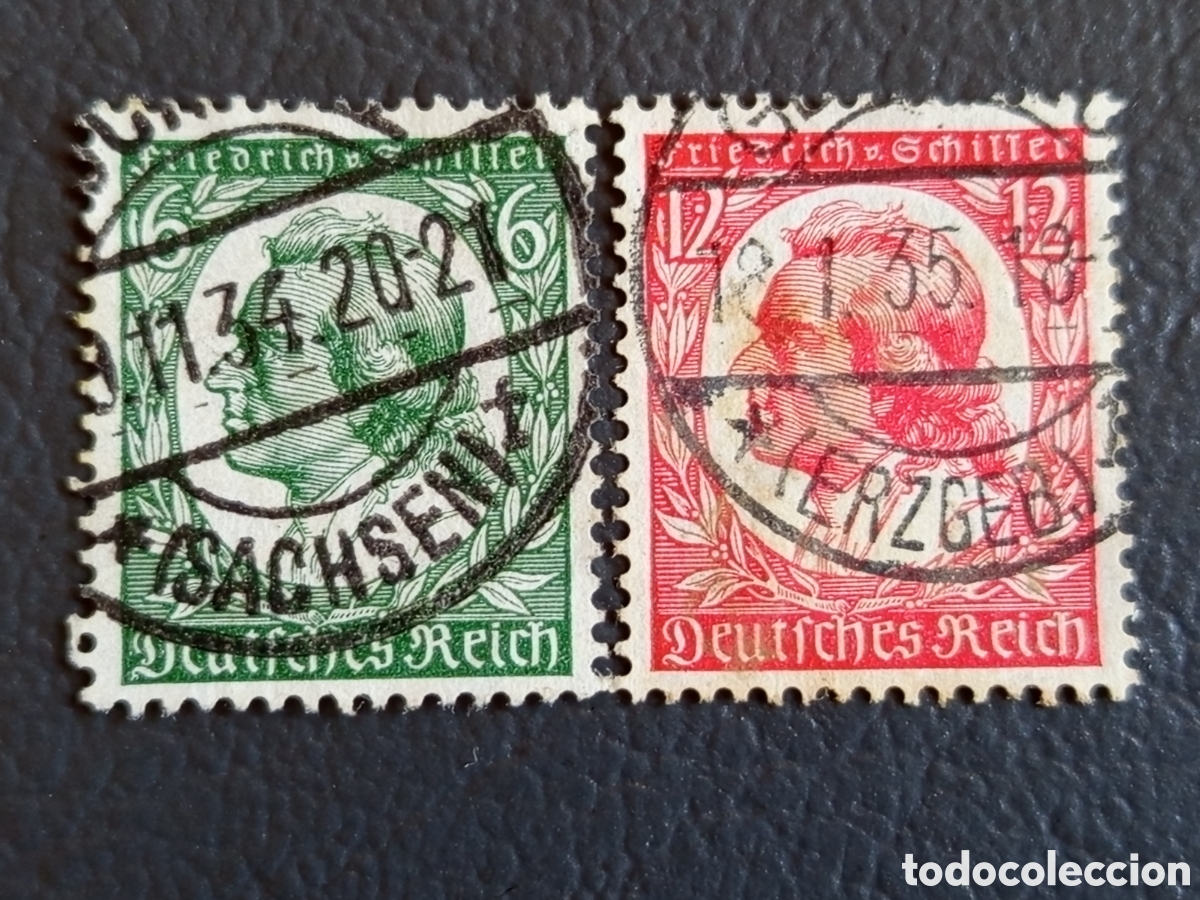 Sellos: Lote 2 Sellos Alemania III Reich (1934) Conmemoraci&oacute;n de Friedrich von Schiller Mi. 554/555 Usados