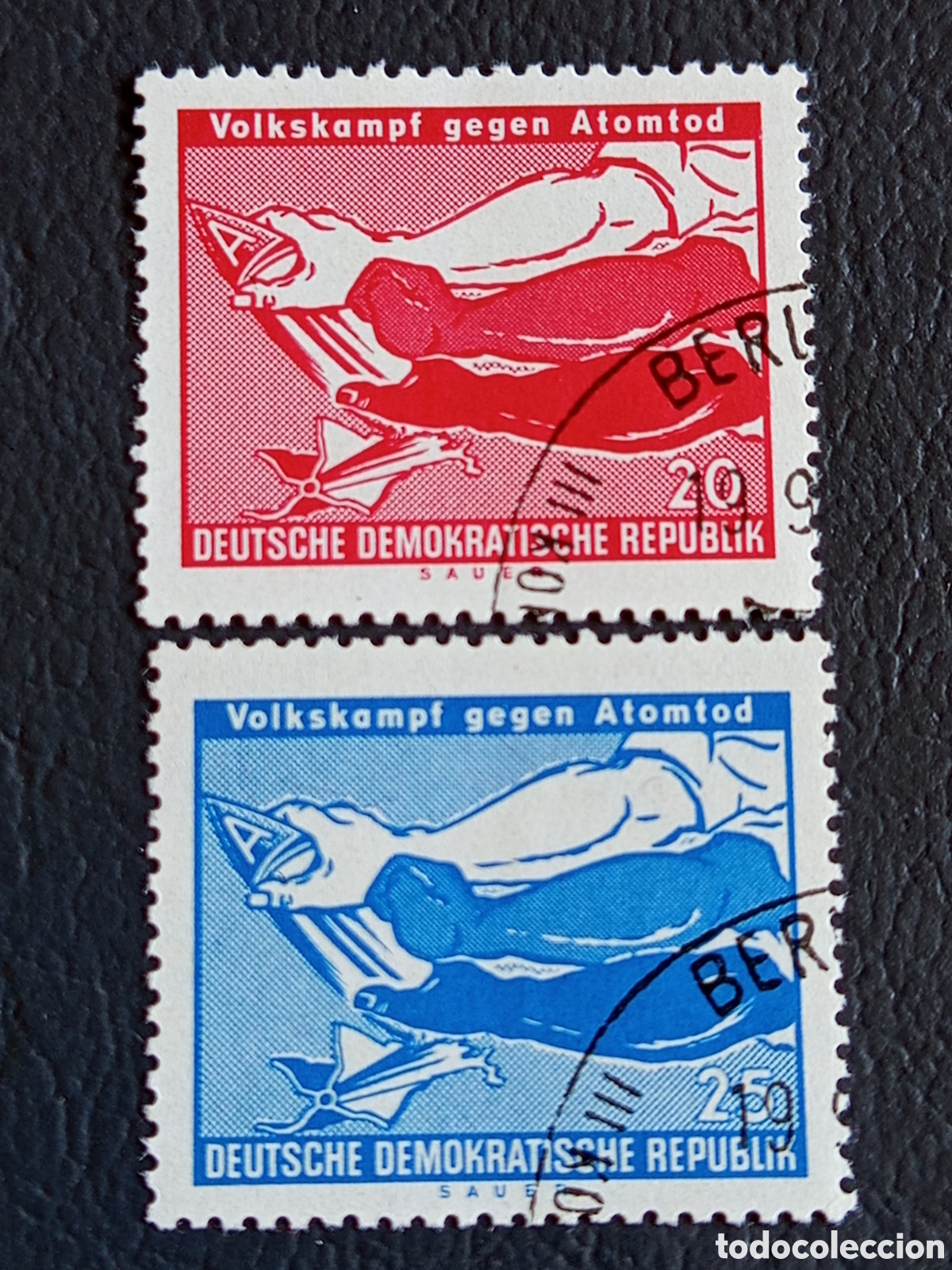 Briefmarken: Lote 2 Sellos Alemania RDA (1958) Campa&ntilde;a Contra la Muerte At&oacute;mica Mi. 622/623 Usados