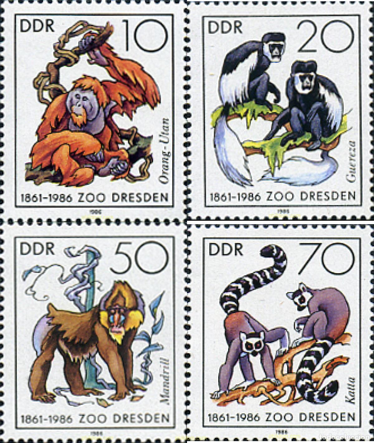 Sellos: 64653 MNH ALEMANIA DEMOCRATICA 1986 125 ANIVERSARIO DEL ZOO DE DRESDE. MONOS