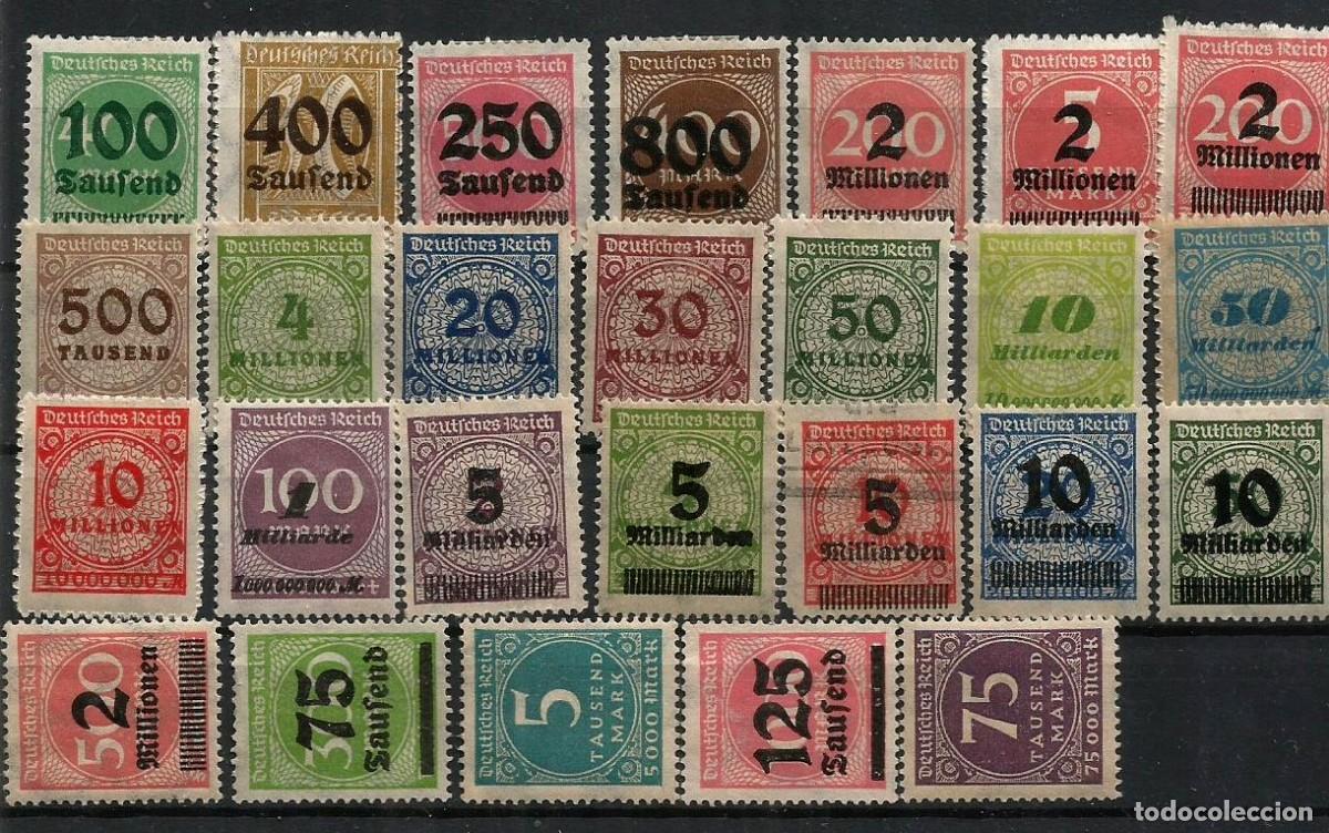 Sellos: ALEMANIA - SERIE BASICA - 1923 - LOTE DE 26 SELLOS NUEVOS - SOBRECARGAS - MILLONES