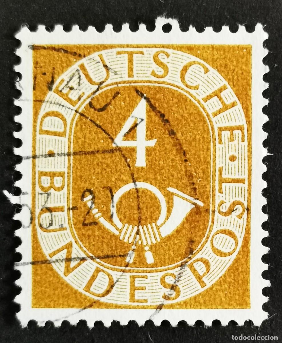 Sellos: Sello Alemania R. Federal 1951, D&iacute;gitos con corneta postal, 4 Pf. Michel: DE 124