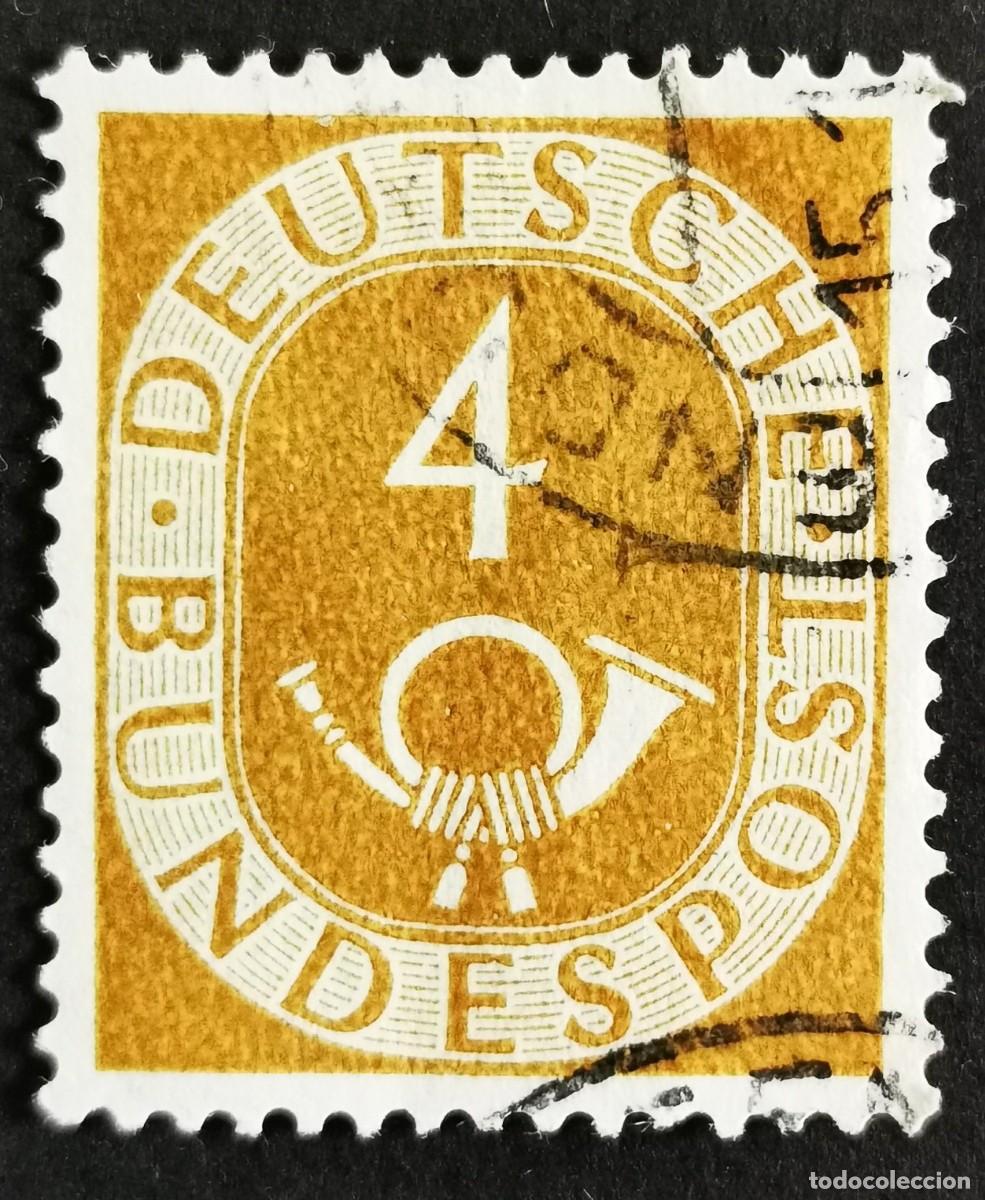 Sellos: Sello Alemania R. Federal 1951, D&iacute;gitos con corneta postal, 4 Pf. Michel: DE 124
