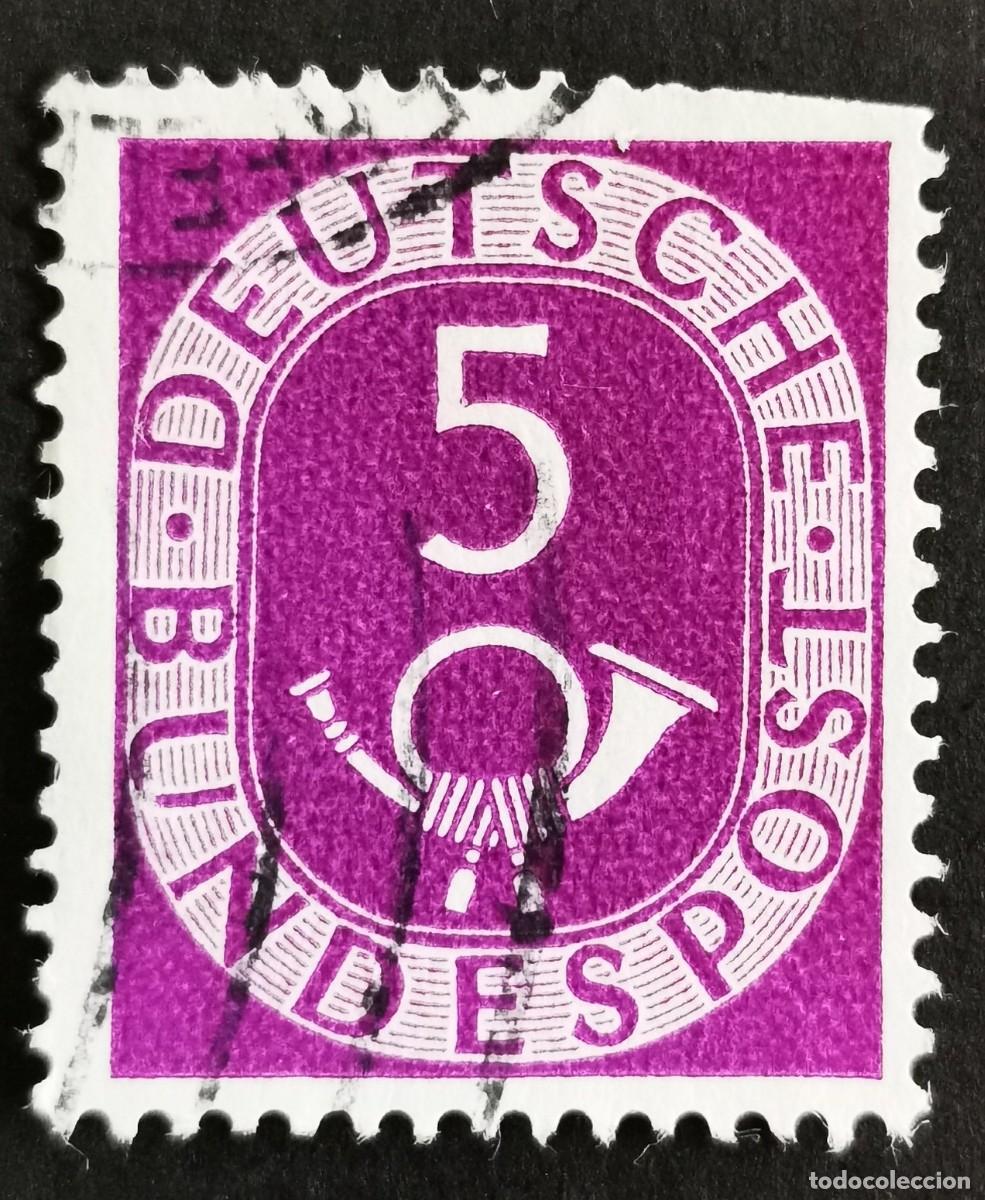 Sellos: Sello Alemania R. Federal 1951, D&iacute;gitos con corneta postal, 5 Pf. Michel: DE 125