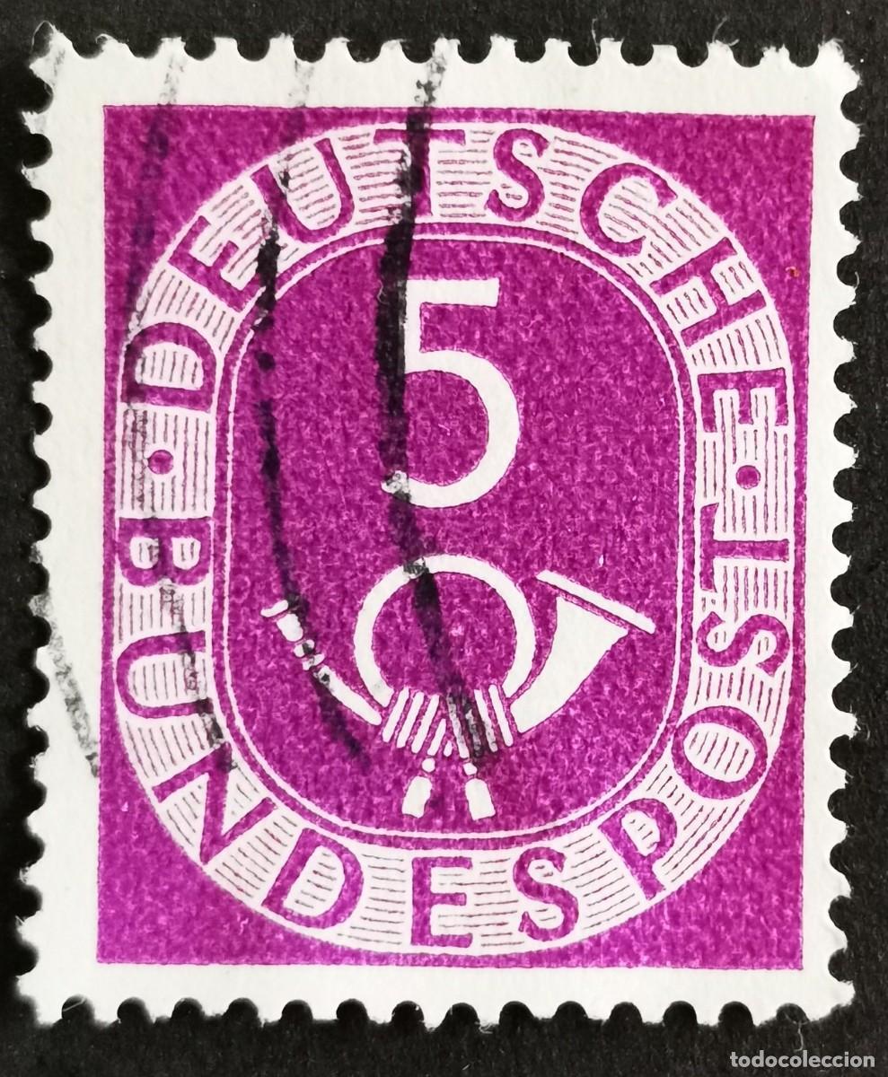Sellos: Sello Alemania R. Federal 1951, D&iacute;gitos con corneta postal, 5 Pf. Michel: DE 125