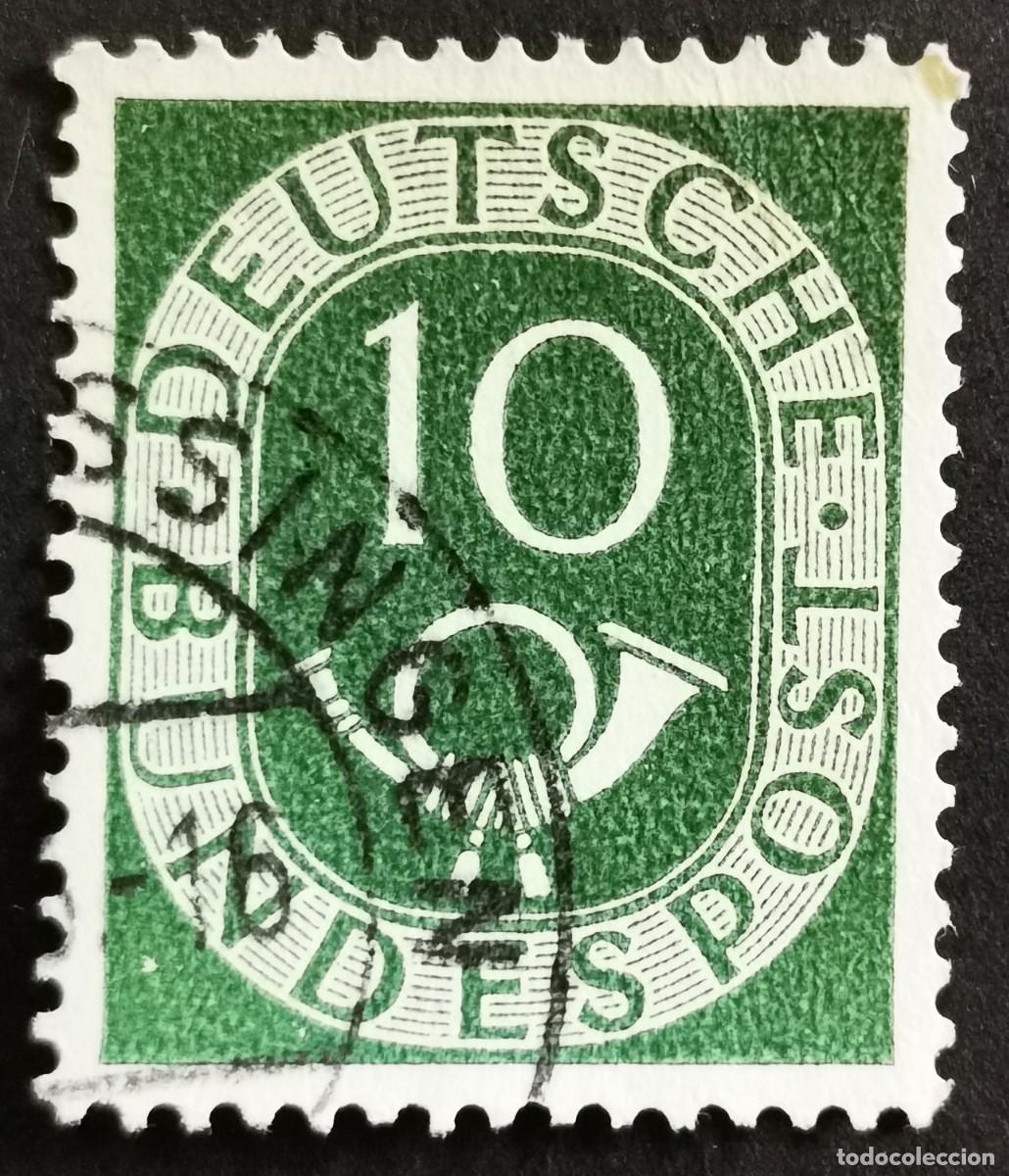 Sellos: Sello Alemania R. Federal 1951, D&iacute;gitos con corneta postal, 10 Pf. Michel: DE 128