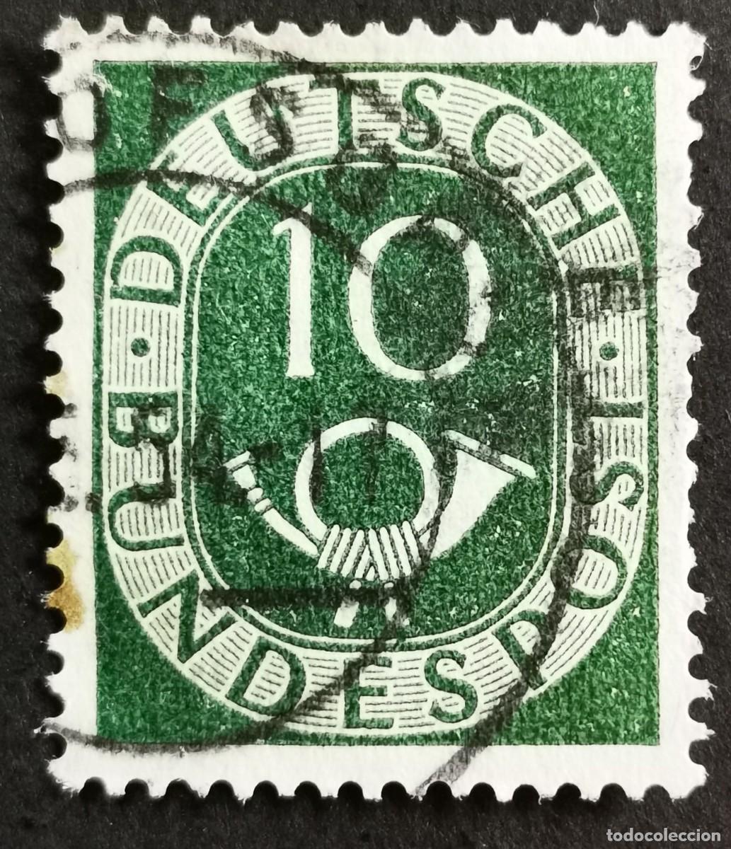 Sellos: Sello Alemania R. Federal 1951, D&iacute;gitos con corneta postal, 10 Pf. Michel: DE 128