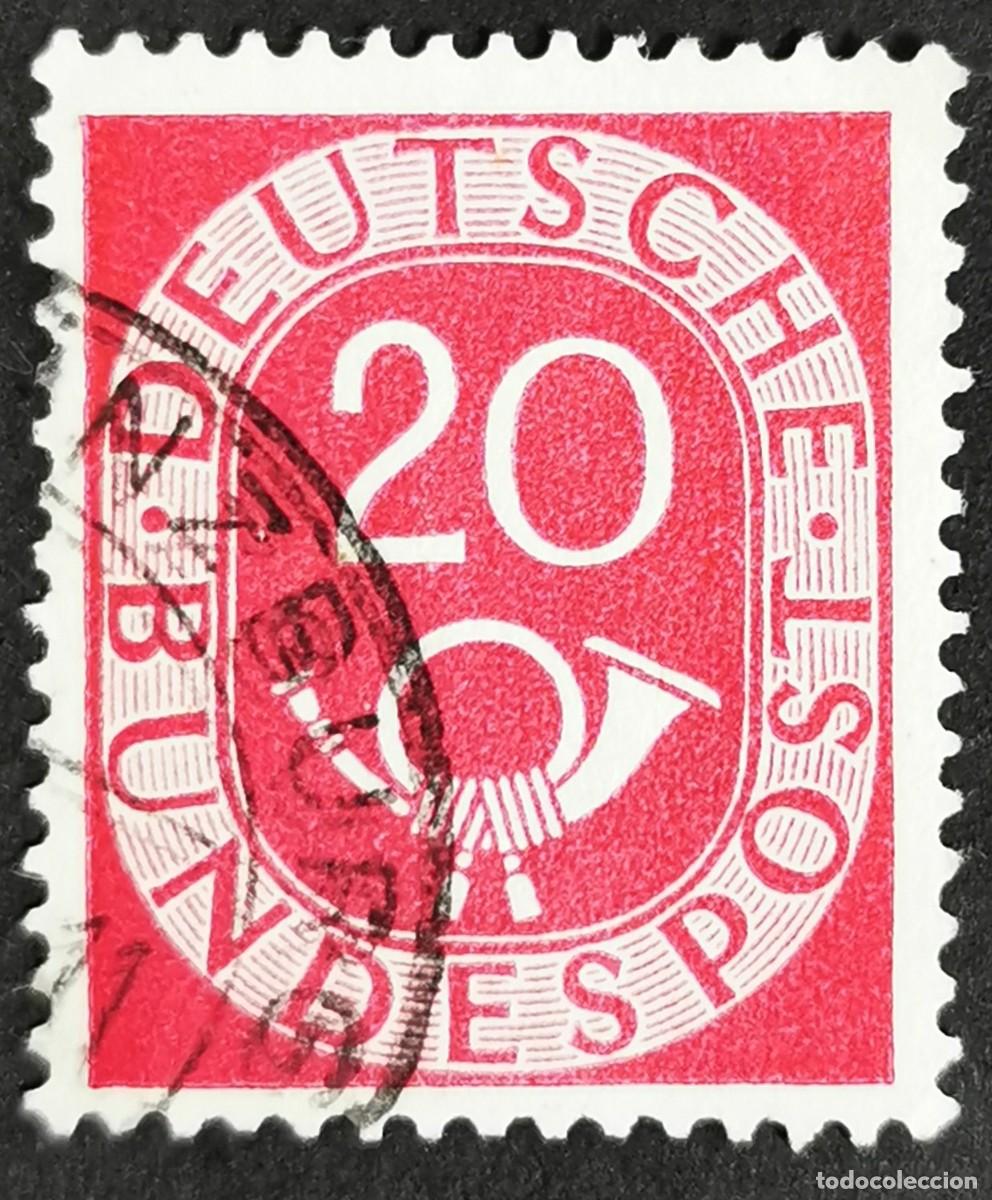 Sellos: Sello Alemania R. Federal 1951, D&iacute;gitos con corneta postal, 20 Pf. Michel: DE 130