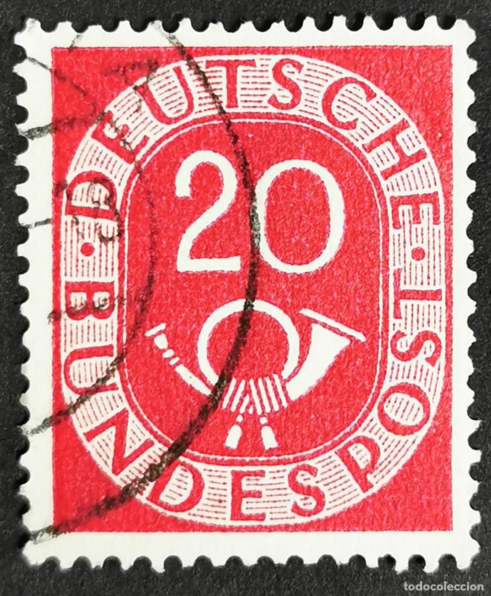 Sellos: Sello Alemania R. Federal 1951, D&iacute;gitos con corneta postal, 20 Pf. Michel: DE 130