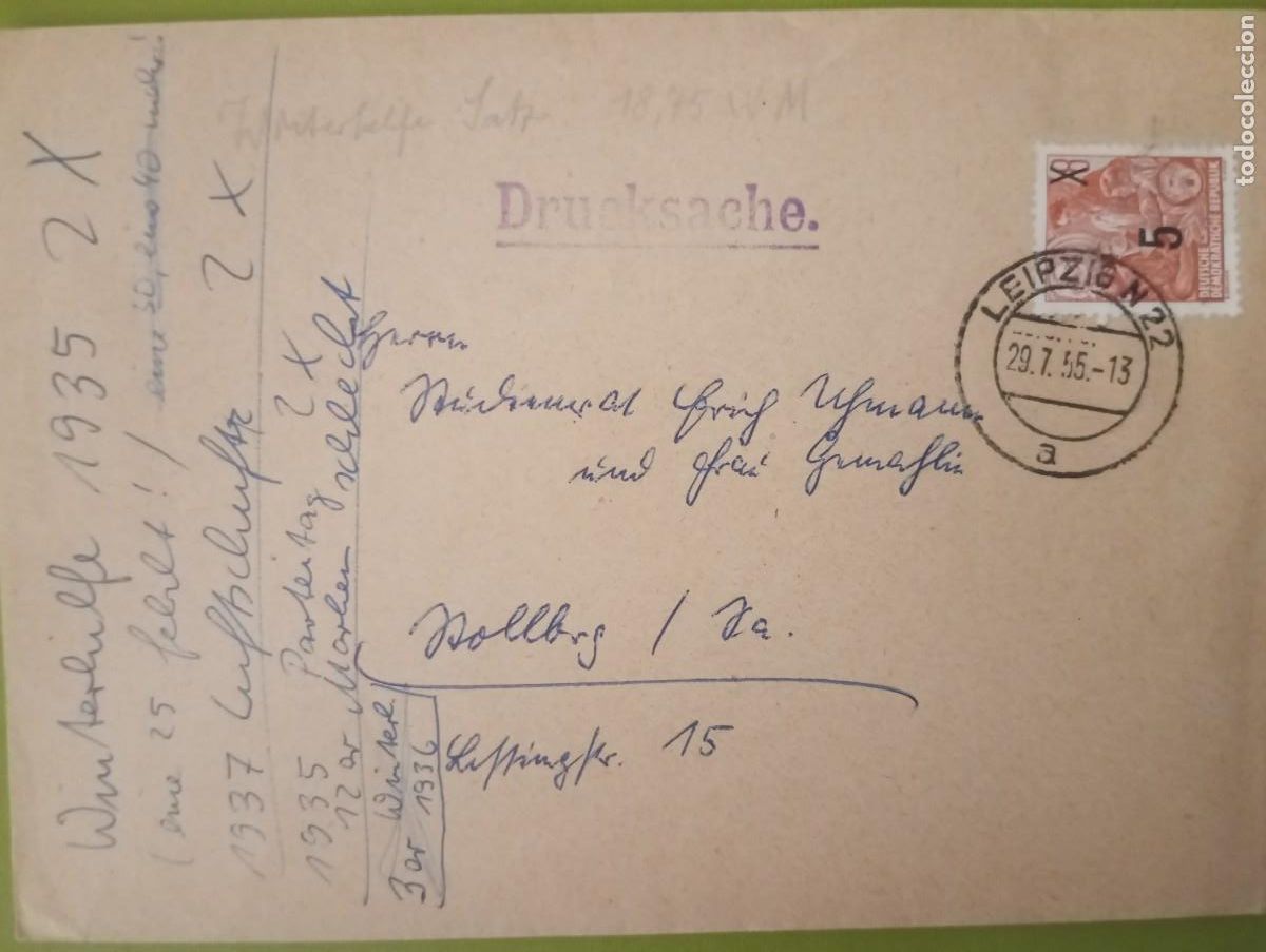 Sellos: ALEMANIA, 1955, RDA, SOBRE CIRCULADO EN LEIPZIG, IMPRESO.