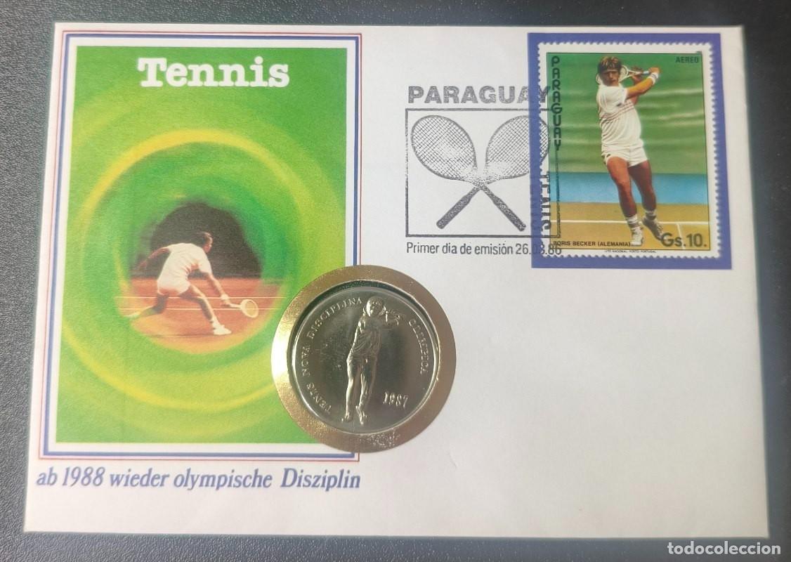 Sellos: Alemania tarjeta postal Tenis Boris Becker Paraguay 1988 y su medalla (SC)