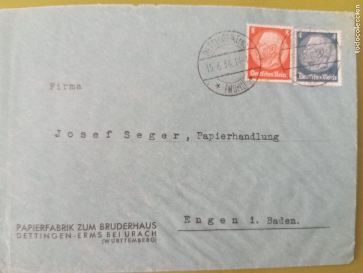 Sellos: ALEMANIA, 1934, MATASELLOS DETTINGEN REMITIDA A ENGEN
